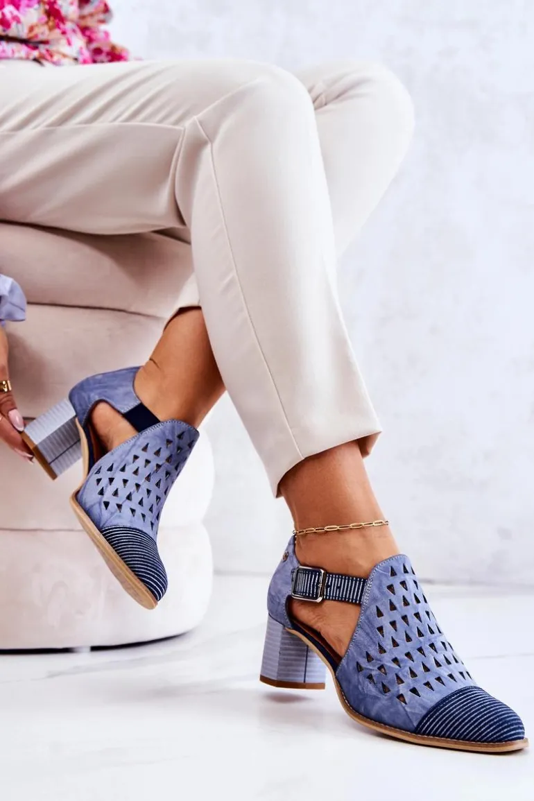 Damskie Skórzane Ażurowe Botki Maciejka 04962-06 Niebieskie