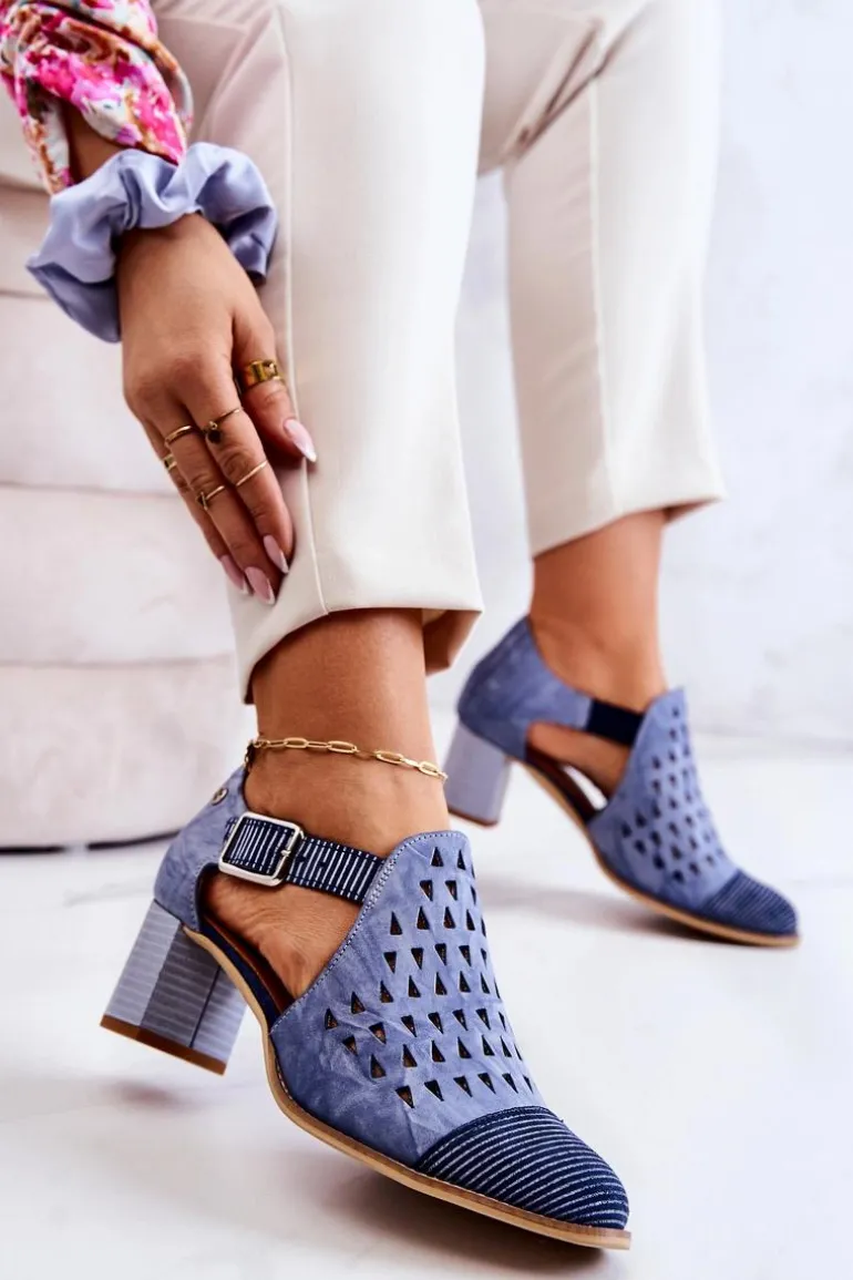 Damskie Skórzane Ażurowe Botki Maciejka 04962-06 Niebieskie