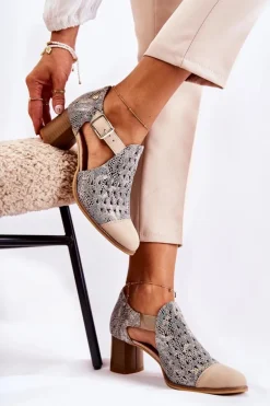 Damskie Skórzane Ażurowe Botki Maciejka 04962-04 Beżowe