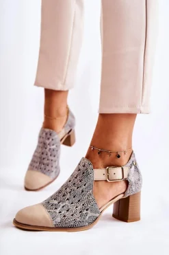 Damskie Skórzane Ażurowe Botki Maciejka 04962-04 Beżowe