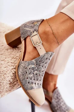 Damskie Skórzane Ażurowe Botki Maciejka 04962-04 Beżowe