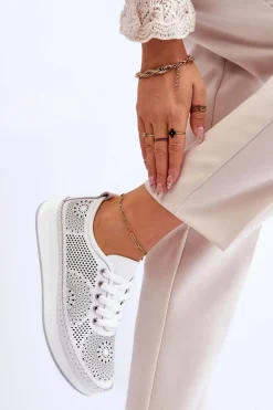 Damskie Skórzane Ażurowe Buty Sportowe Białe Marea