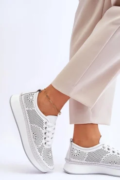 Damskie Skórzane Ażurowe Buty Sportowe Białe Marea