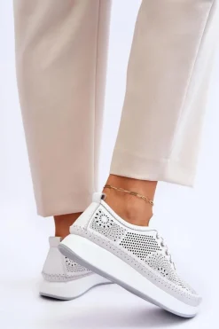 Damskie Skórzane Ażurowe Buty Sportowe Białe Marea