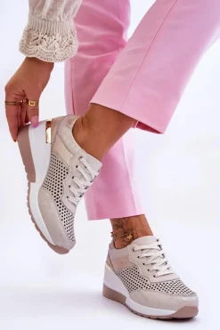 Damskie Skórzane Ażurowe Buty Sportowe Jasnobeżowe Virginia