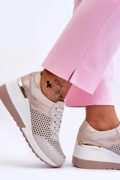 Damskie Skórzane Ażurowe Buty Sportowe Jasnobeżowe Virginia