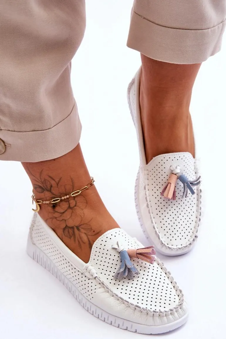 Damskie Skórzane Ażurowe Mokasyny Białe Lanzarot