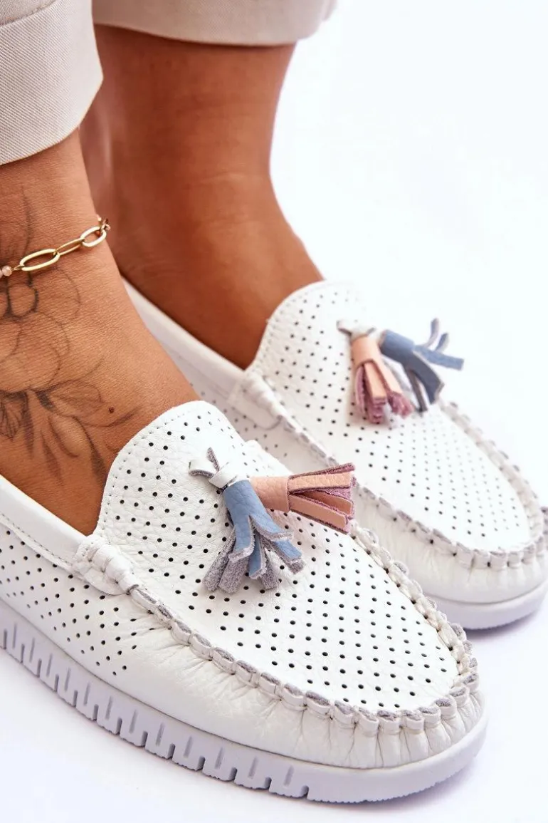 Damskie Skórzane Ażurowe Mokasyny Białe Lanzarot