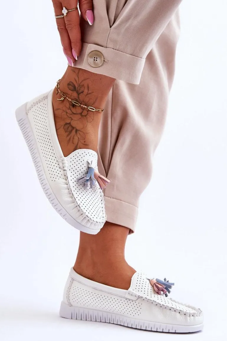 Damskie Skórzane Ażurowe Mokasyny Białe Lanzarot