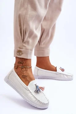 Damskie Skórzane Ażurowe Mokasyny Białe Lanzarot