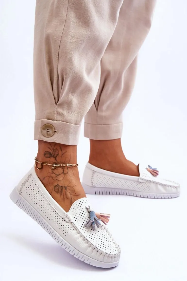 Damskie Skórzane Ażurowe Mokasyny Białe Lanzarot