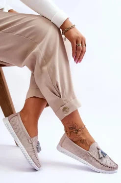 Damskie Skórzane Ażurowe Mokasyny Jasnoróżowe Lanzarot