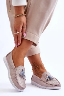 Damskie Skórzane Ażurowe Mokasyny Jasnoróżowe Lanzarot