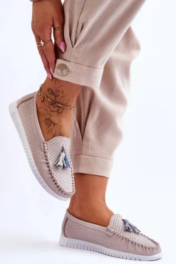 Damskie Skórzane Ażurowe Mokasyny Jasnoróżowe Lanzarot