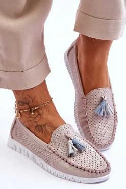 Damskie Skórzane Ażurowe Mokasyny Jasnoróżowe Lanzarot