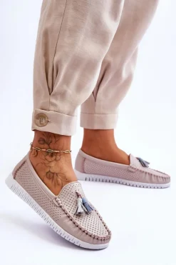 Damskie Skórzane Ażurowe Mokasyny Jasnoróżowe Lanzarot