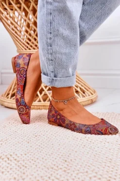 Damskie Skórzane Baleriny Maciejka Czerwone W Kwiaty 04100-38