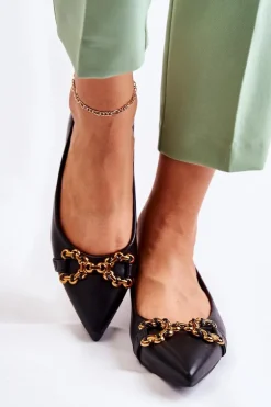 Damskie Skórzane Baleriny W Szpic Z Ozdobą Czarne Carlos