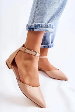 Damskie Skórzane Baleriny Sandały W Szpic Beżowe Caprise