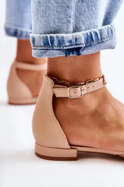 Damskie Skórzane Baleriny Sandały W Szpic Beżowe Caprise