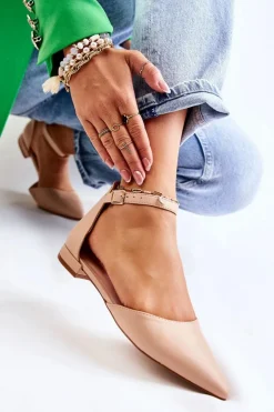 Damskie Skórzane Baleriny Sandały W Szpic Beżowe Caprise