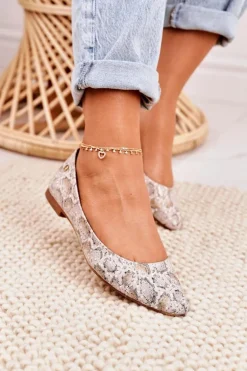 Damskie Skórzane Baleriny Maciejka Złoto Beżowe 04100-22