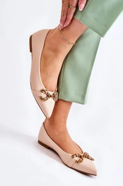 Damskie Skórzane Baleriny W Szpic Z Ozdobą Beżowe Carlos