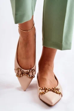 Damskie Skórzane Baleriny W Szpic Z Ozdobą Beżowe Carlos