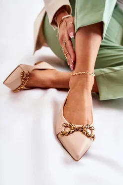 Damskie Skórzane Baleriny W Szpic Z Ozdobą Beżowe Carlos