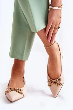 Damskie Skórzane Baleriny W Szpic Z Ozdobą Beżowe Carlos