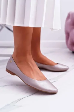 Damskie Skórzane Baleriny Maciejka Metaliczne Beżowe 04100-10