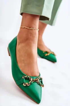 Damskie Skórzane Baleriny W Szpic Z Ozdobą Zielone Carlos