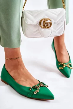 Damskie Skórzane Baleriny W Szpic Z Ozdobą Zielone Carlos