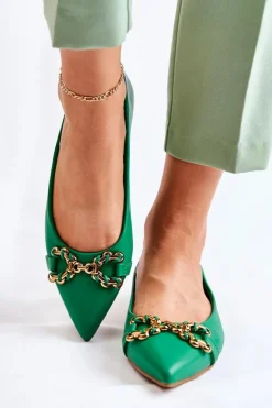 Damskie Skórzane Baleriny W Szpic Z Ozdobą Zielone Carlos