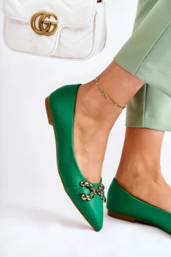 Damskie Skórzane Baleriny W Szpic Z Ozdobą Zielone Carlos