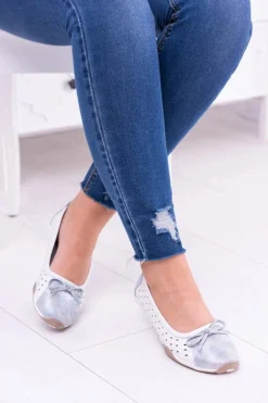 Damskie Skórzane Białe Ażurowe Balerinki Erdola
