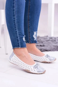Damskie Skórzane Białe Ażurowe Balerinki Erdola