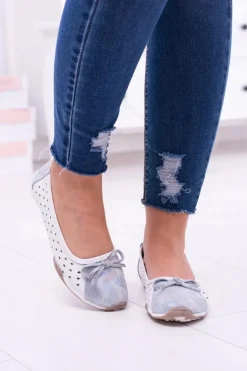 Damskie Skórzane Białe Ażurowe Balerinki Erdola