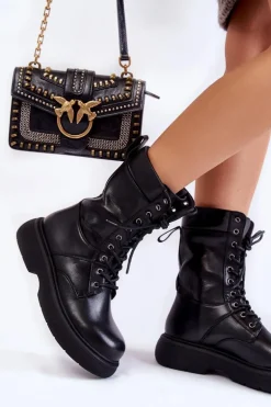 Damskie Skórzane Botki Glany Sznurowane Czarne Passione