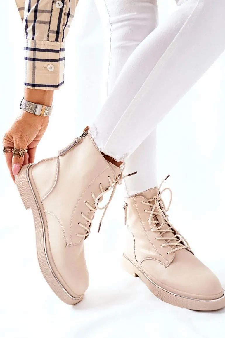 Damskie Skórzane Botki GOE II2N4015 Beżowe