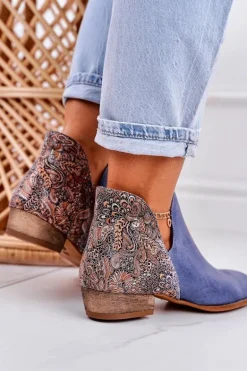 Damskie Skórzane Botki Maciejka Granatowe 04091-27