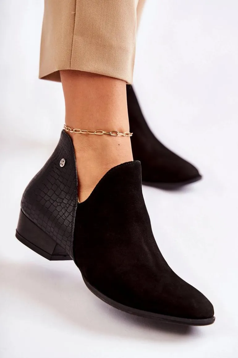 Damskie Skórzane Botki Maciejka Czarne Wzór Zwierzęcy 04091-62