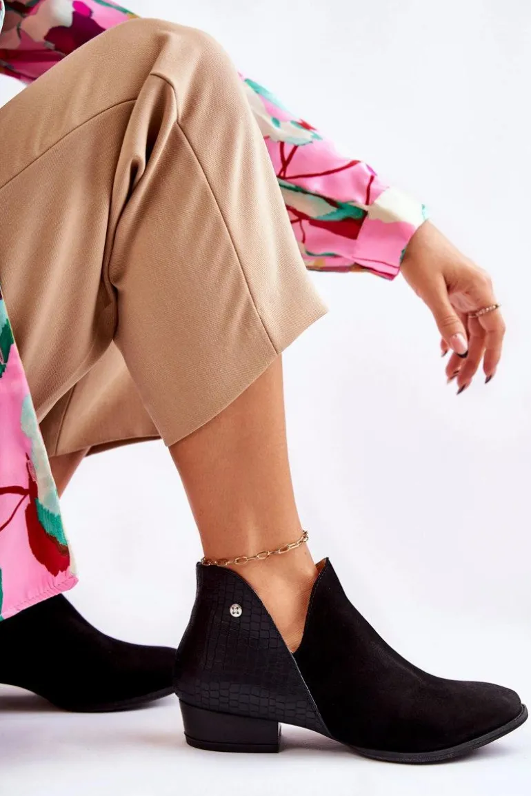 Damskie Skórzane Botki Maciejka Czarne Wzór Zwierzęcy 04091-62