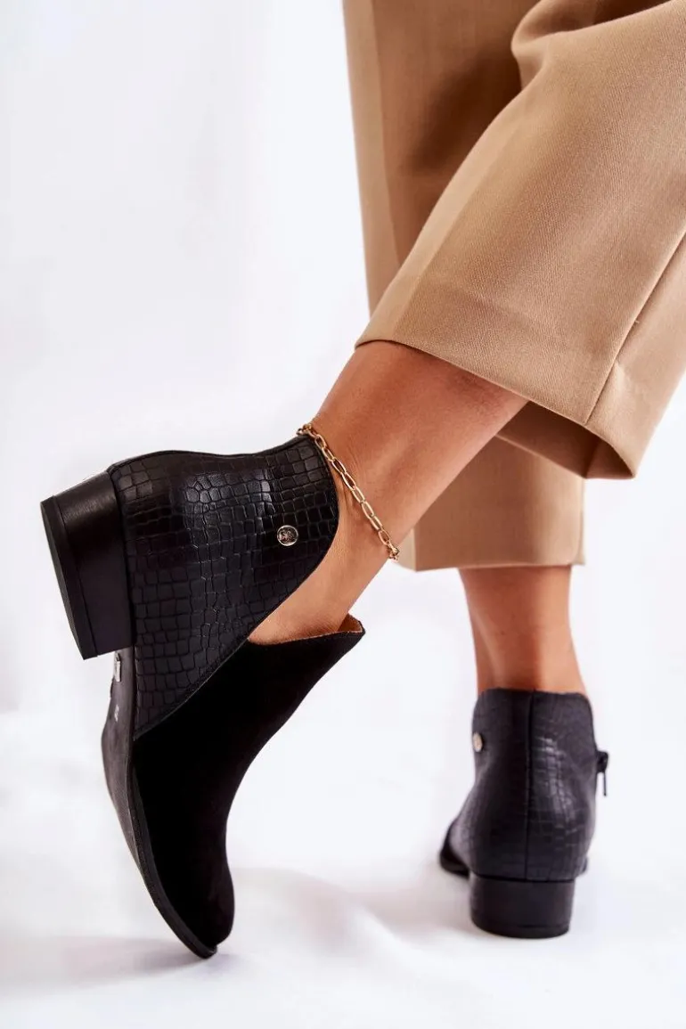 Damskie Skórzane Botki Maciejka Czarne Wzór Zwierzęcy 04091-62