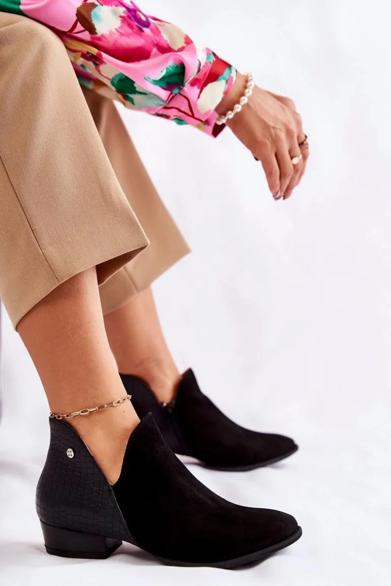 Damskie Skórzane Botki Maciejka Czarne Wzór Zwierzęcy 04091-62