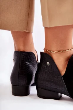 Damskie Skórzane Botki Maciejka Czarne Wzór Zwierzęcy 04091-62