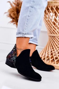 Damskie Skórzane Botki Maciejka Czarne Z Kwiatami 04091-57