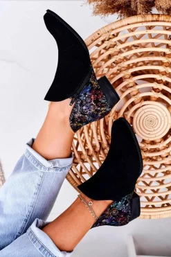 Damskie Skórzane Botki Maciejka Czarne Z Kwiatami 04091-57