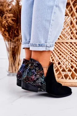 Damskie Skórzane Botki Maciejka Czarne Z Kwiatami 04091-57