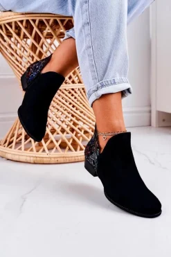 Damskie Skórzane Botki Maciejka Czarne Z Kwiatami 04091-57